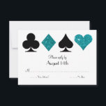 Destiny Las Vegas Mariage RSVP Parties scintillant<br><div class="desc">Ce faire-part de mariage est doté d'une typographie élégante et d'un accent graphique de costumes de cartes en blanc et bleu vert turquoise fausse parties scintillant. Parfait pour un mariage de Las Vegas dans une petite chapelle au large de la bande, tout ce dont vous avez besoin est l'amour et...</div>