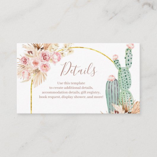 Détail Carte Boho Cactus Fleurs Roses Pampas Grass (Devant)