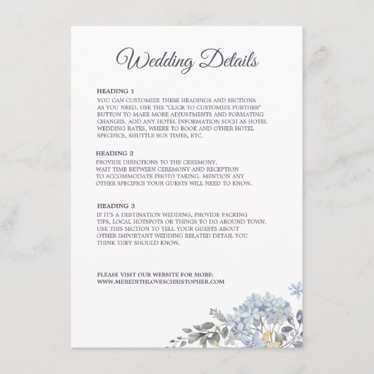 Détail de mariage Menu Combo Fleurs Bleu Poussiére (Devant)
