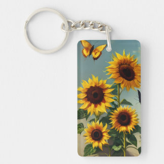 Detail Realistic Sunflower en Butterflies Sleutelhanger