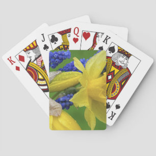Detail van daffodil- en hyacintebloemen. Krediet Pokerkaarten