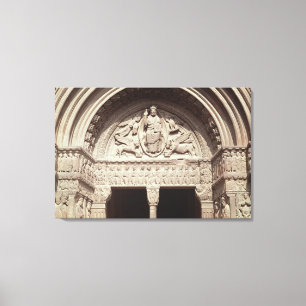 Detail van de buitenzijde van de kerk waarop de canvas afdruk