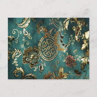 Detail van jade groene Chinese zijde stof Briefkaart