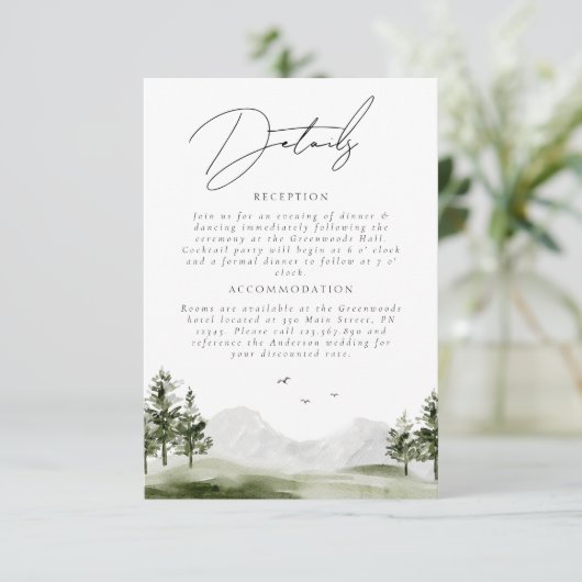 Detail van waterverf Mountain Forest Wedding Scrip Informatiekaartje (Staand voorkant)
