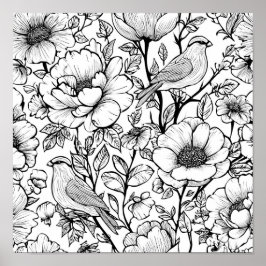 Detailed Folk Flora Scroll Decoupage Template Line Poster