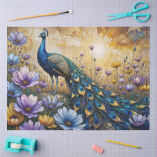 Detailed Peacock in Floral Landscape Tissuepapier