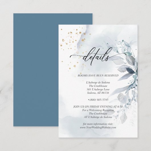 Details 2 Elegante Stofblauwe Aquarel Lofwerk Kaart (Voorkant / Achterkant)