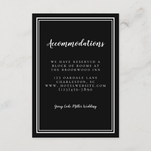 Details Accommodations Simple Black White Wedding Informatiekaartje (Voorkant)