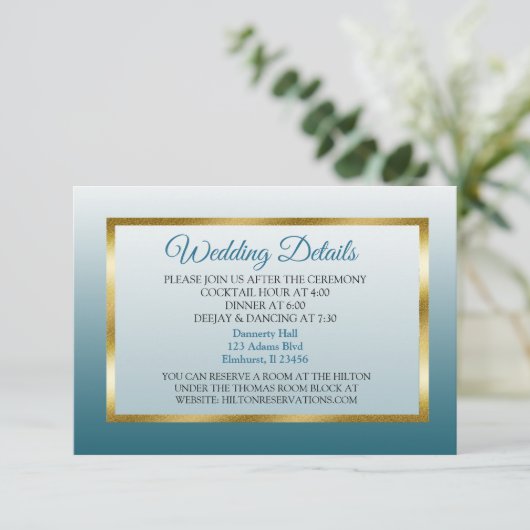 Details blauwe en goudverloopbruiloft informatiekaartje (Staand voorkant)