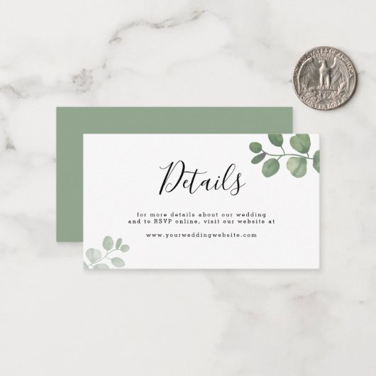 Details BUDGET Sage Green Eucalyptus Weddenschap Notitiekaartje (Voorkant / Achterkant in situ)