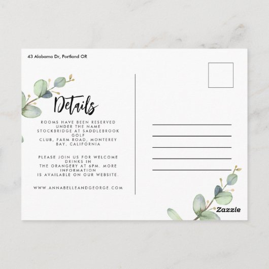 Détails de l'eucalyptus mariage et invitation (Dos)
