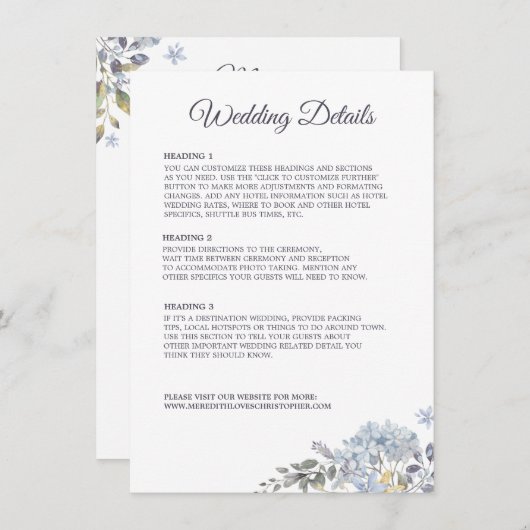 Détails de mariage Menu Combo Fleurs Bleu Poussiér (Devant / Derrière)