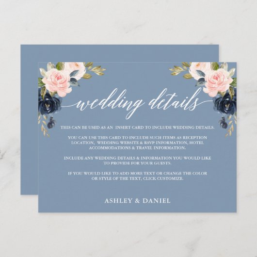 Détails du mariage Carte d'insertion Florale rose (Devant / Derrière)