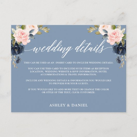 Détails du mariage Carte d'insertion Florale rose  (Devant)