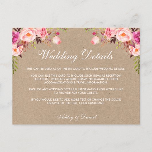 Détails du Mariage rose Kraft Insérer une carte (Devant)