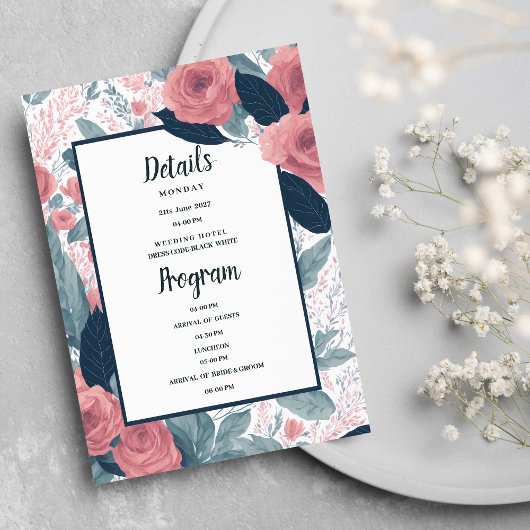 Détails du programme aquarelle bleu marine rose