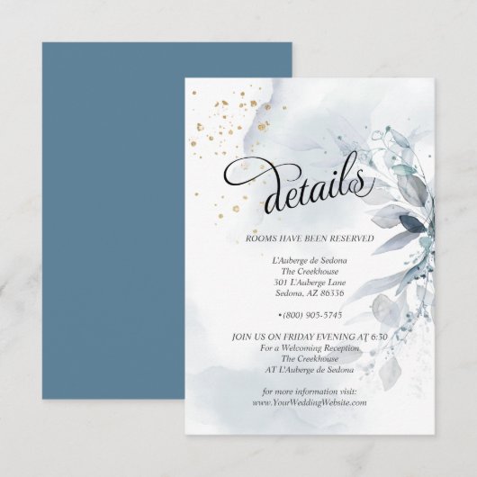 Details Elegant Dusty Blue Waterverf Foliage Kaart (Voorkant / Achterkant)