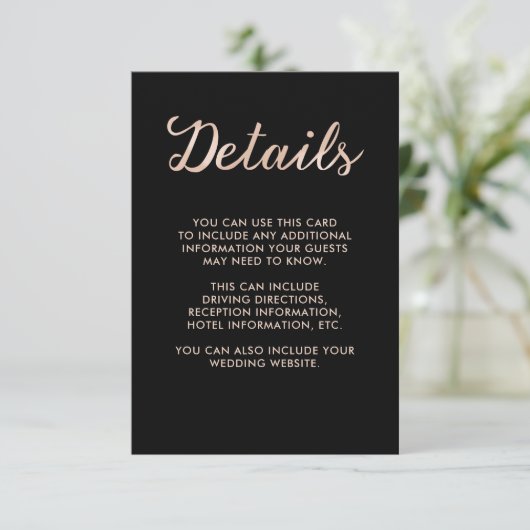 Details Faux Roos Gold Bokeh en Black Guest Informatiekaartje (Staand voorkant)