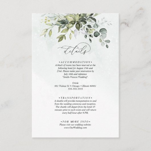 Details Greenery-minimalistisch script bruiloft Informatiekaartje (Voorkant)