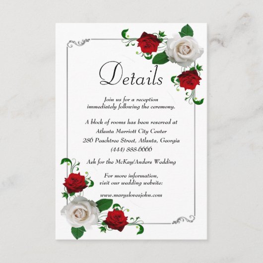 Details kerstbruiloft rode en witte rozen informatiekaartje (Voorkant)