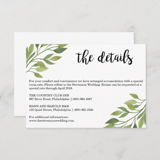 Détails mariage vert insérer carte botanique (Devant / Derrière)