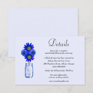 Details over blauwe bloemen Mason Jar Wedding Informatiekaartje