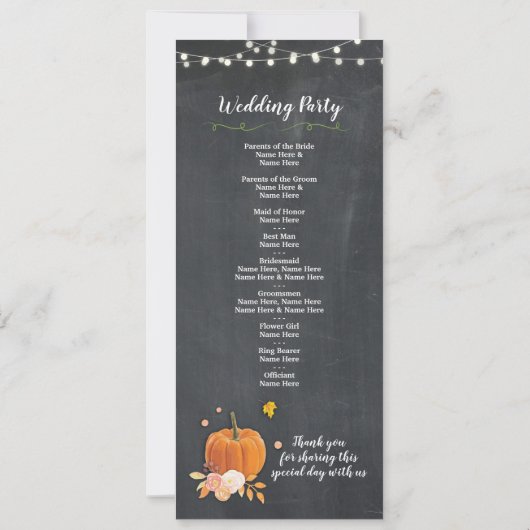 Details Rustic Herfst Pumpkin Chalk Wedding Progra Kaart (Achterkant)