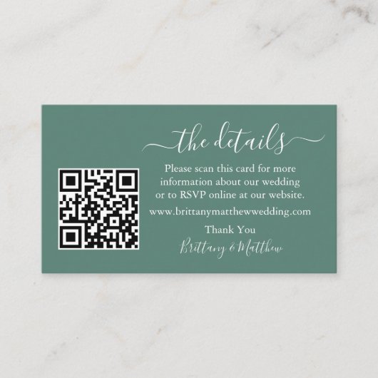 Details van bruiloft QR Foto Eucalyptus Green Informatiekaartje (Voorkant)