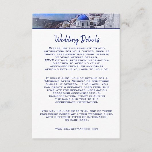 Details van de blauwe bruiloft in Santorini Grieke Informatiekaartje (Voorkant)