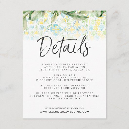 Details van de Elegant Lemon Grove Boho Wedding Gu Informatiekaartje (Voorkant)