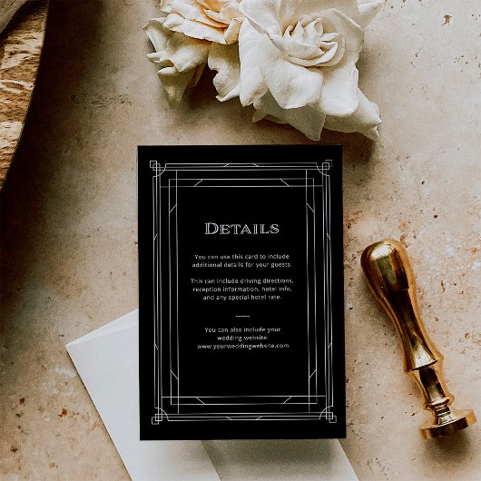 Details van de moderne Deco Black en White Wedding Informatiekaartje