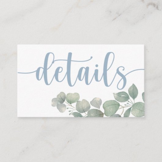 Details van het mosterdblauwe eucalyptushuwelijk informatiekaartje (Voorkant)