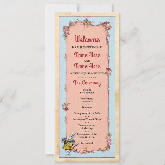 Details Wonderland Rabbit Floral Wedding Programme Kaart (Voorkant)