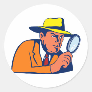 Detective kijkt met vergrootglas ronde sticker