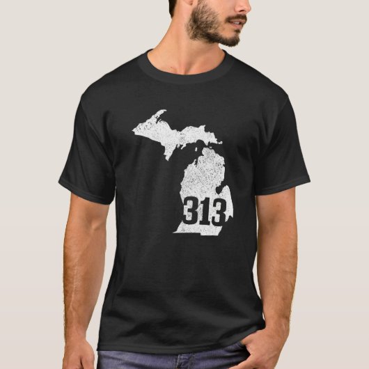 Detroit 313 Area Code Michigan Map State Pride Vin T-shirt (Voorkant)