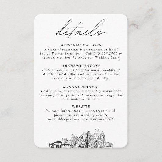 Detroit bruiloft verticale details klein informatiekaartje (Voorkant)