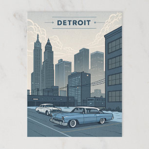 Detroit: Classic Cars en Urban Skyline Illustrati Briefkaart