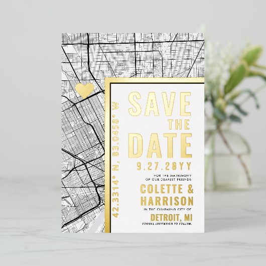 Detroit Love Locator | Bruiloft Bewaar de datum Folie Uitnodiging (Staand Voorkant)
