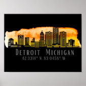 Detroit MI Skyline Latitude en Longitude Print (Voorkant)