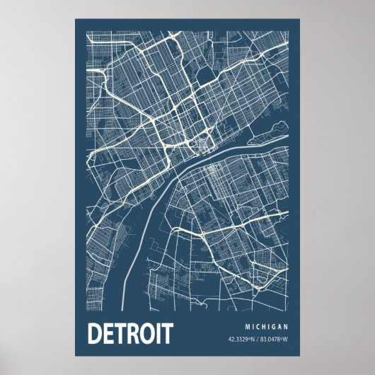 Detroit Michigan City Map Line Art Blue Print (Voorkant)