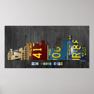 Detroit Michigan City Skyline License Bord Art Poster