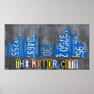Detroit Motor City License Bord Skyline Poster