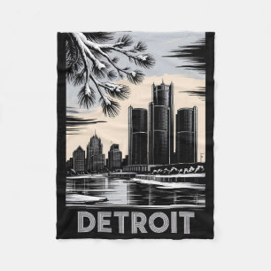 Detroit Silhouette Zwart en Wit Houtsnede Winter Fleece Deken