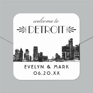 Detroit Silhouette Zwarte Art Deco Trouwbegroeting Vierkante Sticker