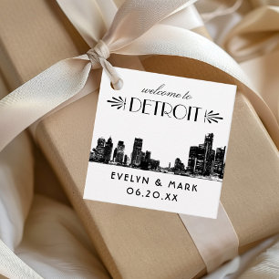 Detroit Skyline Art Deco Monogram Huwelijk Bedankjes Labels