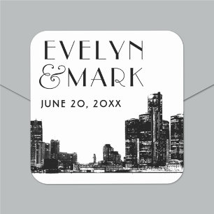 Detroit Skyline Art Deco Monogram Huwelijk Vierkante Sticker