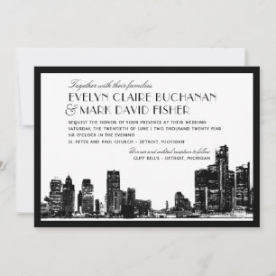Detroit Skyline Art Deco Wedding Kaart