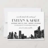 Detroit Skyline  Art Deco Zwart Bruiloft Save The Date (Voorkant)