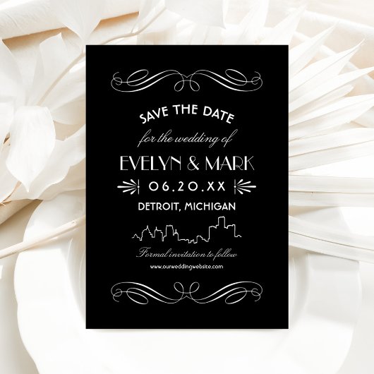 Detroit Skyline  Art Deco Zwart Bruiloft Save The Date