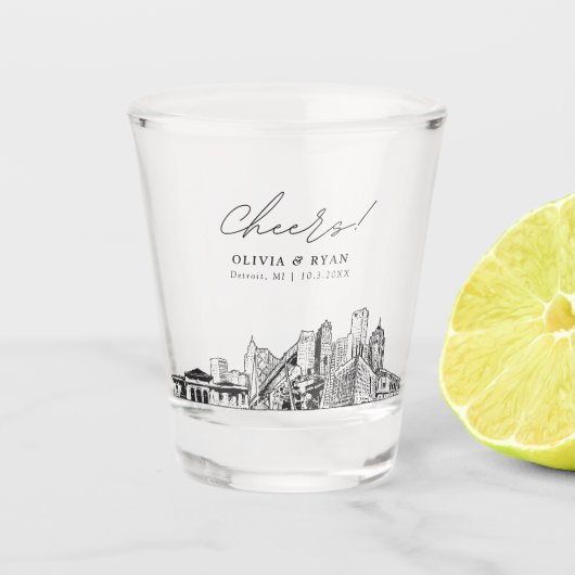 Detroit Skyline Mariage Faveur Cheers Shot Verre (Devant)